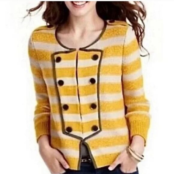 Loft Ann Taylor Mustard Yellow Striped Military Sweater Jacket Size Medium - Picture 1 of 9